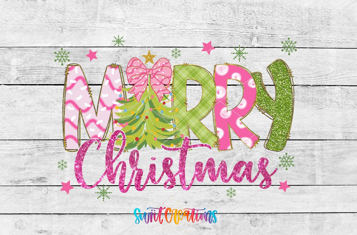Merry Christmas Coquette Bow UV DTF wrap artwork on a white wood background
