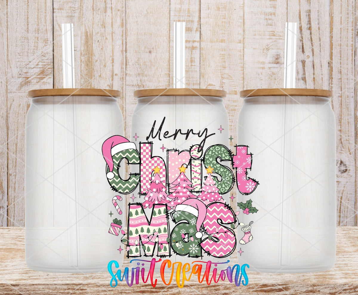 Merry Christmas Pink Patchwork UV DTF transfer on frosted glass cans with bamboo lids