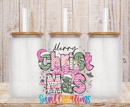 Merry Christmas Pink Patchwork UV DTF transfer on frosted glass cans with bamboo lids