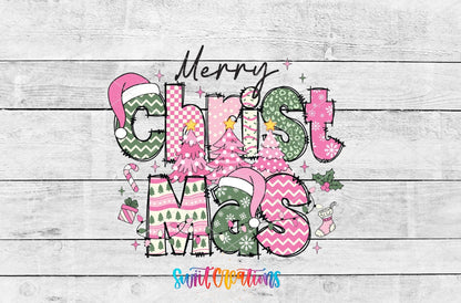 Merry Christmas Pink Patchwork UV DTF transfer artwork on a white wood background
