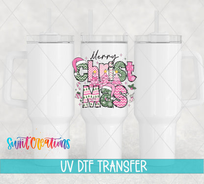 Merry Christmas Pink Patchwork UV DTF transfer on white 40 oz tumblers