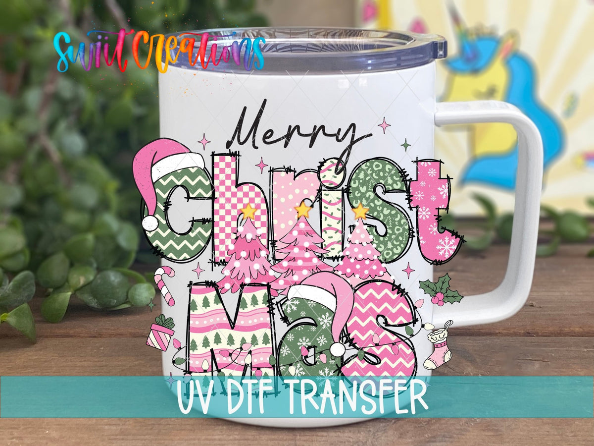 Merry Christmas Pink Patchwork UV DTF transfer on a white stainless steel mug with a lid