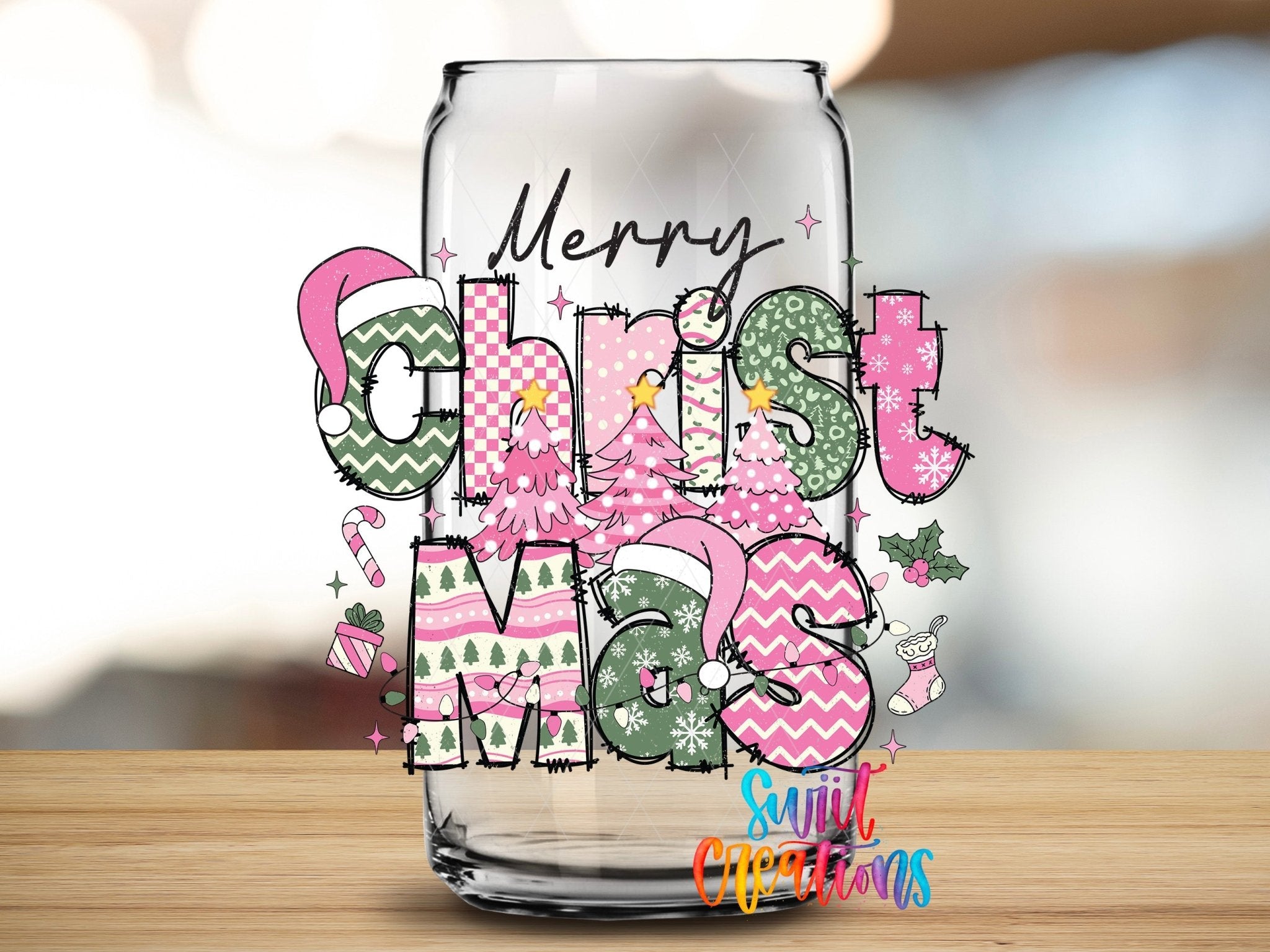 Swiit Creations UV DTF Merry Christmas Pink Patchwork transfer applied to a clear glass can
