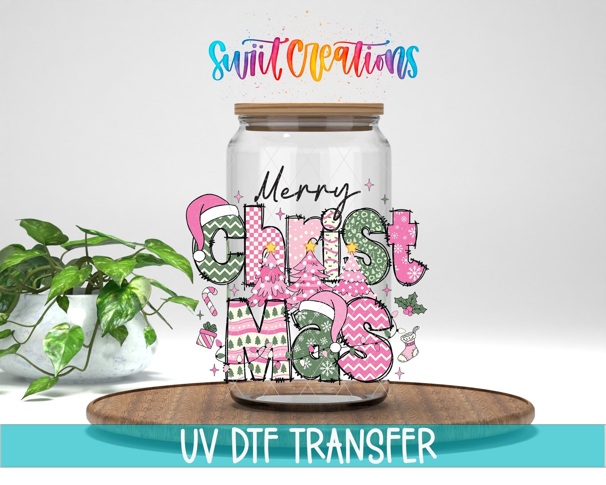 Swiit Creations UV DTF Merry Christmas Pink Patchwork transfer displayed on a clear jar mockup