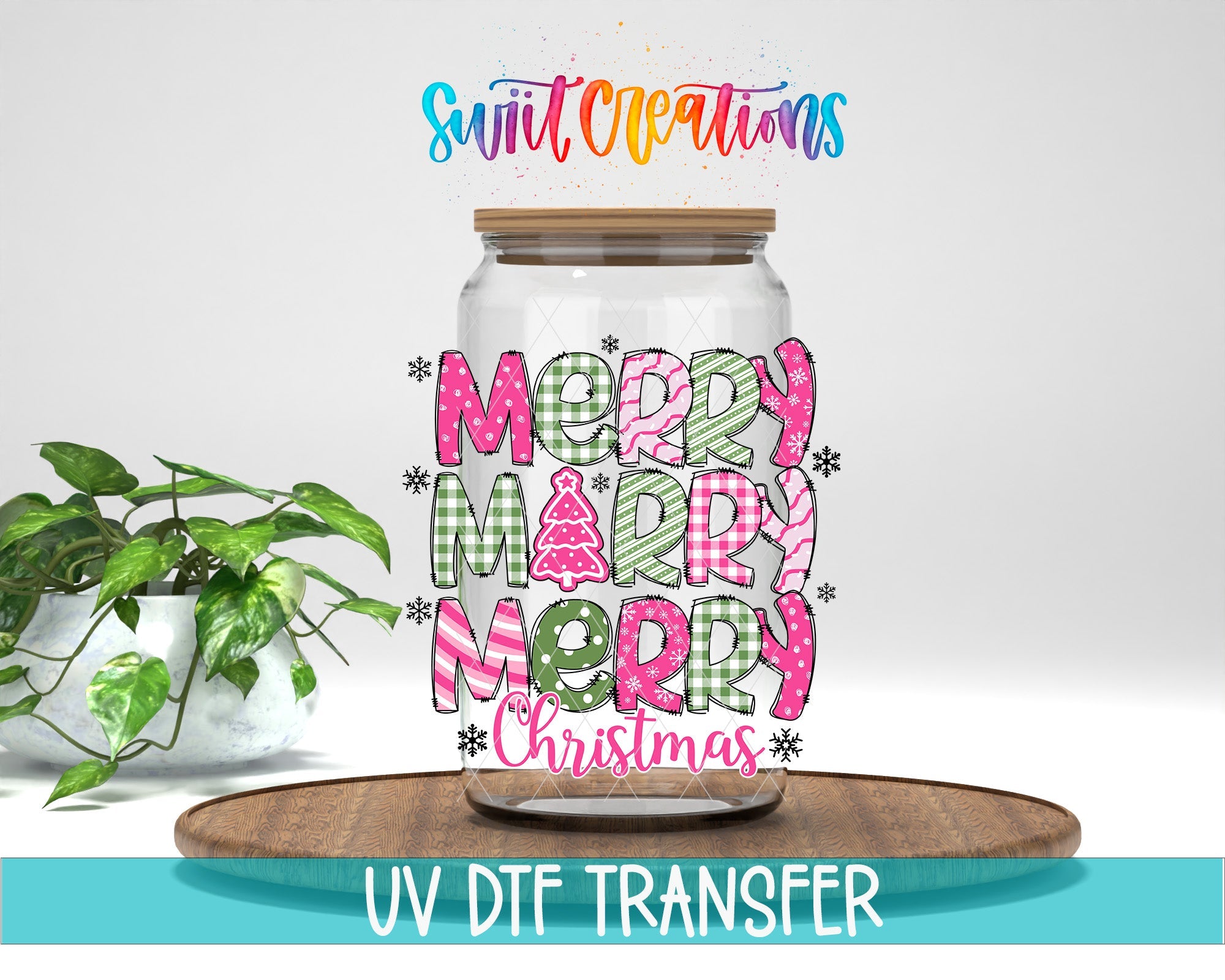 Swiit Creations UV DTF Merry Christmas Pink Patchwork transfer displayed on a clear jar mockup