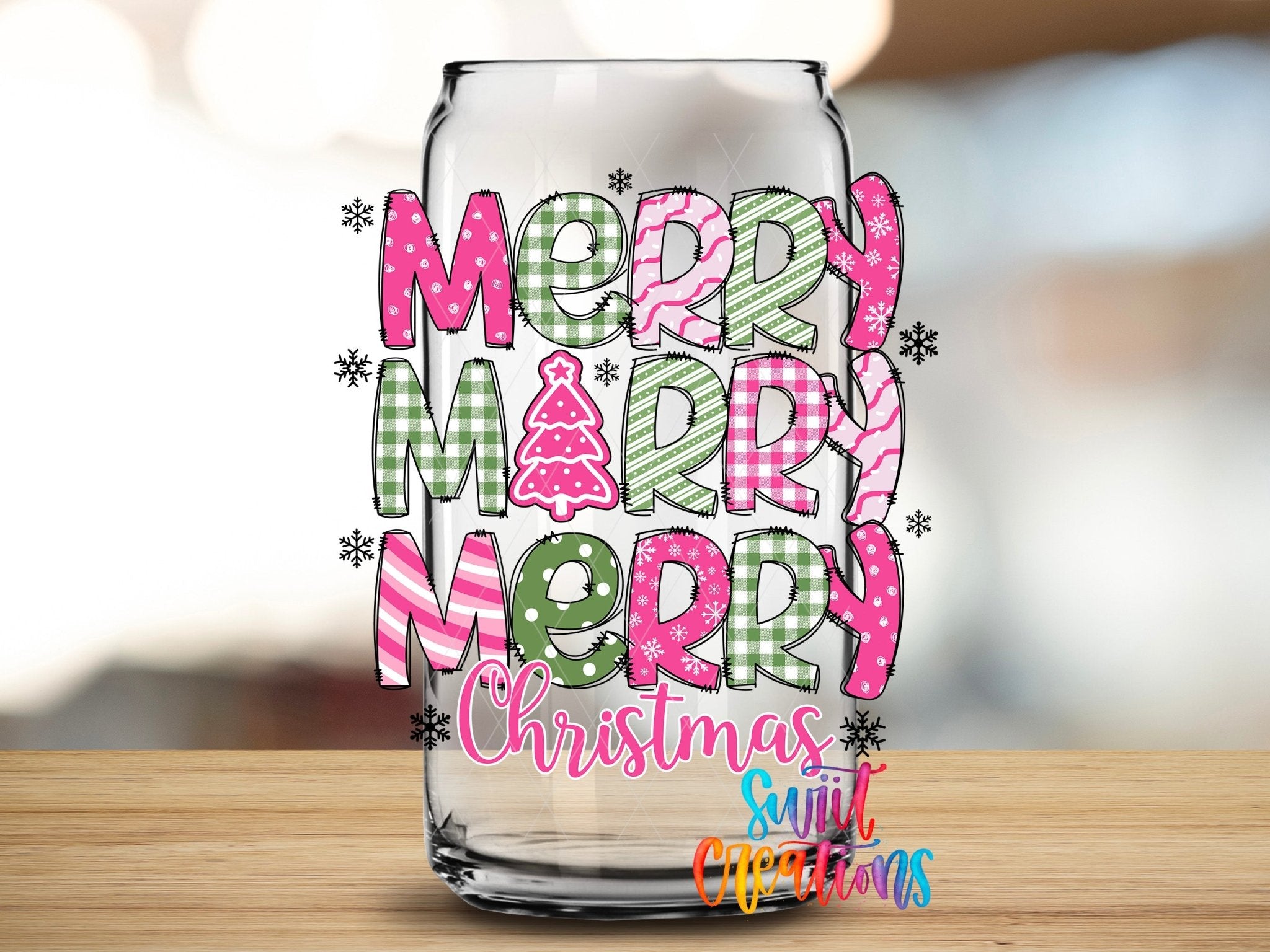 Swiit Creations UV DTF Merry Christmas Pink Patchwork transfer applied to a clear glass can