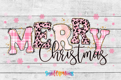 Merry Christmas Pink Plaid and Leopard UV DTF wrap artwork on a white wood background