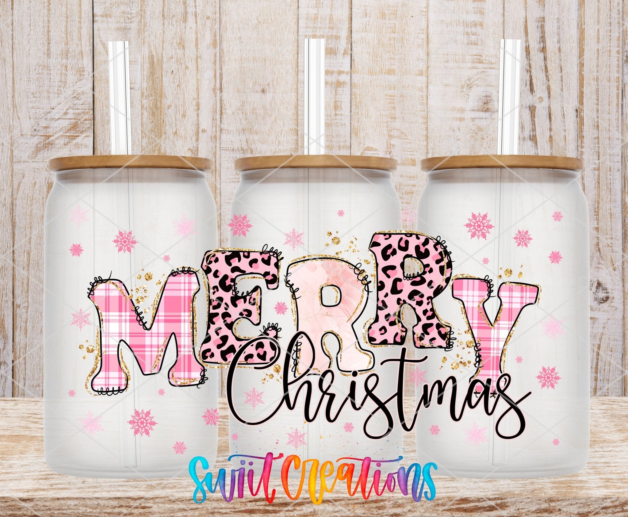 Merry Christmas Pink Plaid Leopard UV DTF Transfer Tumbler Wrap | DTF089 - Swiit Creations