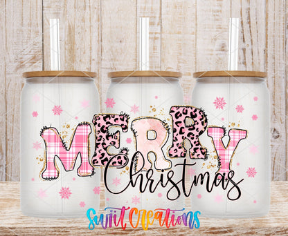Merry Christmas Pink Plaid and Leopard UV DTF wrap on three clear glass cans with bamboo lids