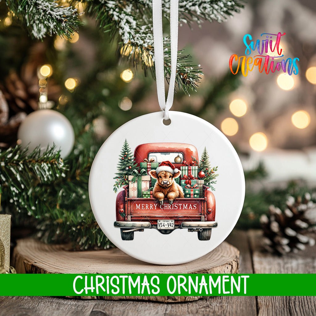 Merry Christmas Red Truck Ornament | Highland Cow Holiday Ornament | Vintage Farmhouse Christmas Décor | O1736 - Swiit Creations