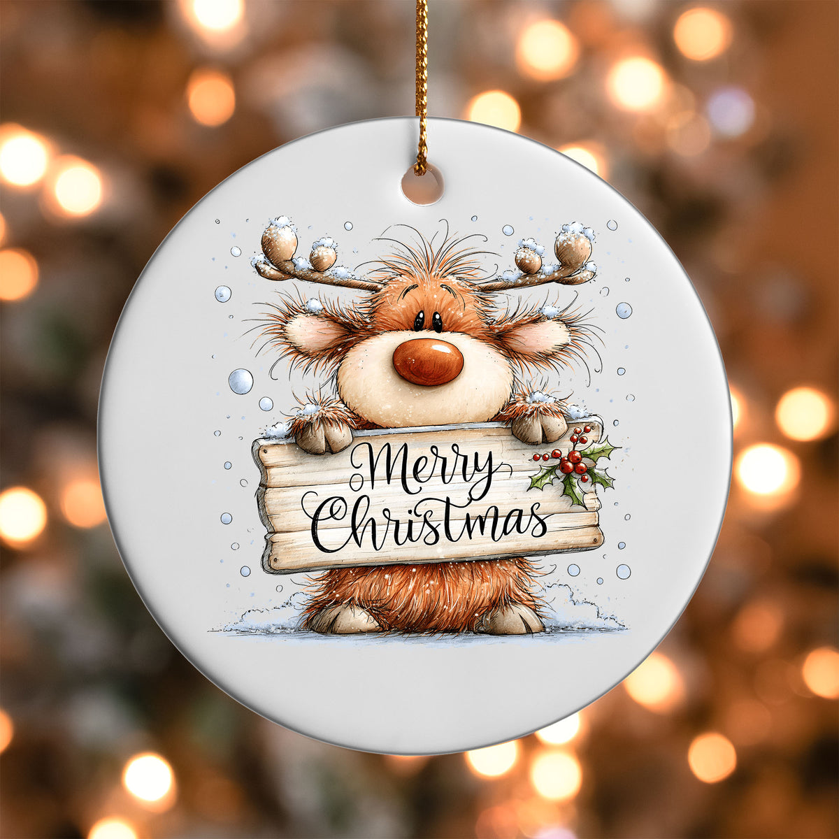 Merry Christmas Reindeer ornament UV DTF transfer on a round white ornament with a bokeh light background
