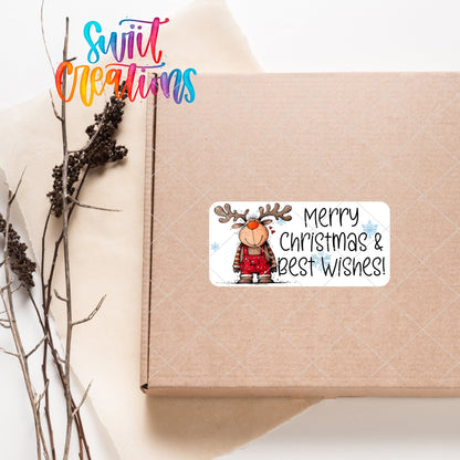 Merry Christmas Reindeer Overalls sticker on a kraft shipping box