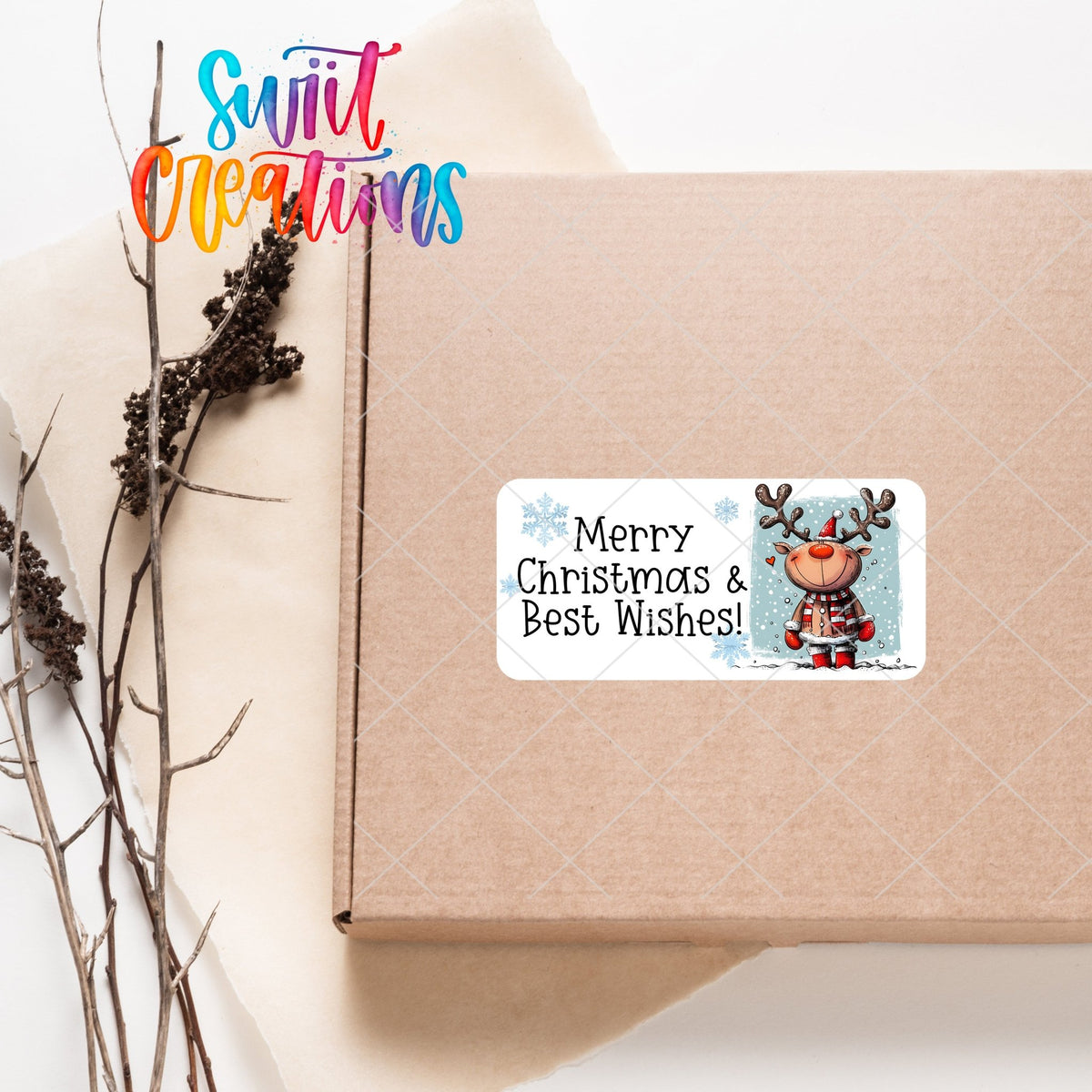 Merry Christmas Reindeer Blue sticker on a kraft shipping box
