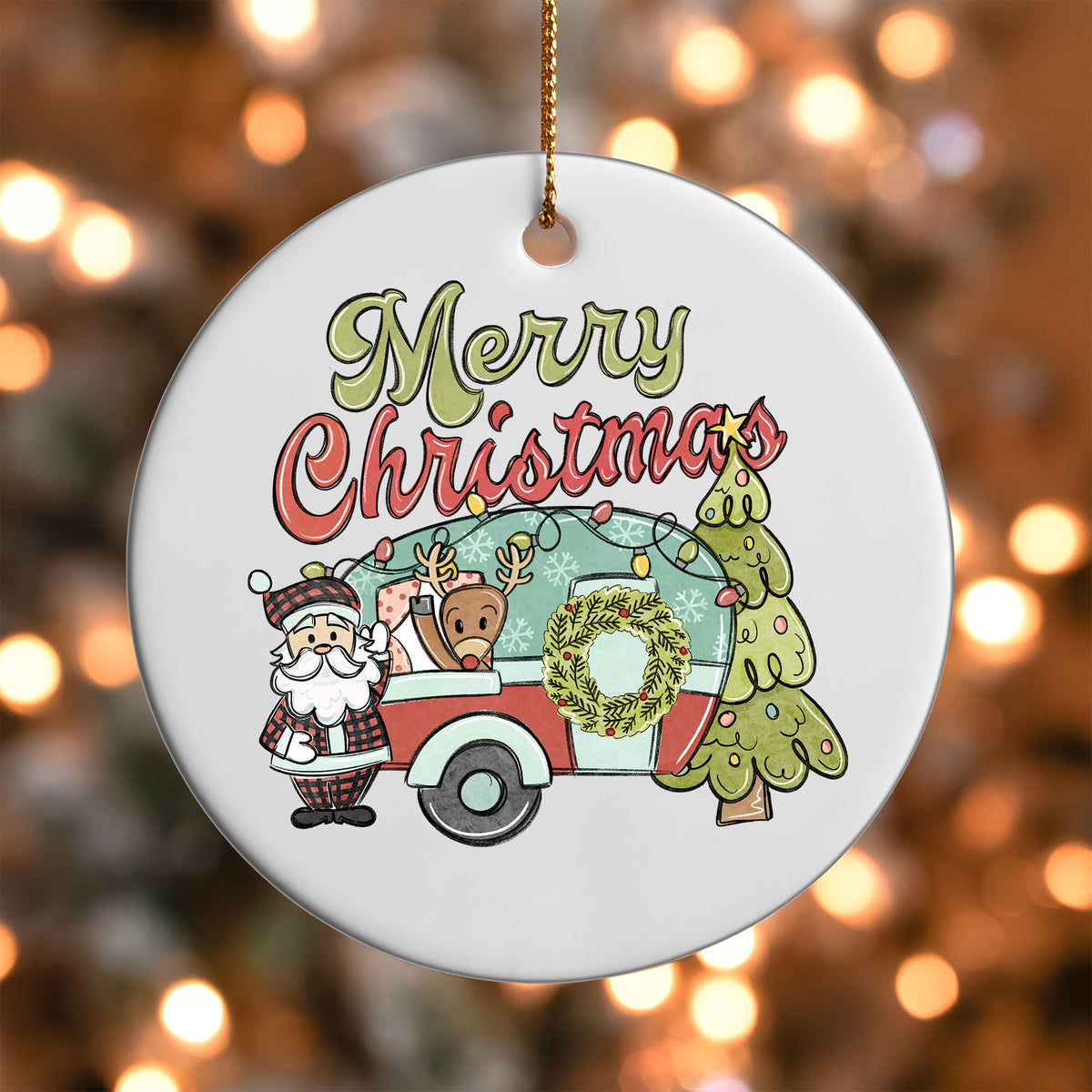 Merry Christmas Santa Camper ornament UV DTF transfer on a round white ornament with a bokeh light background