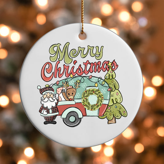 Merry Christmas Santa Camper ornament UV DTF transfer on a round white ornament with a bokeh light background