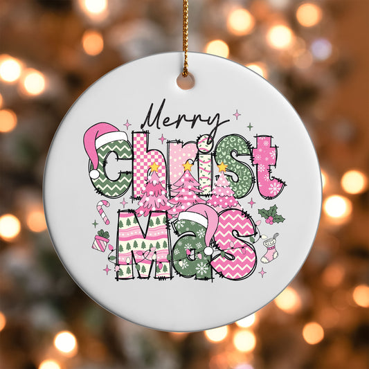Merry Christmas Santa Hat ornament UV DTF transfer on a round white ornament with a bokeh light background