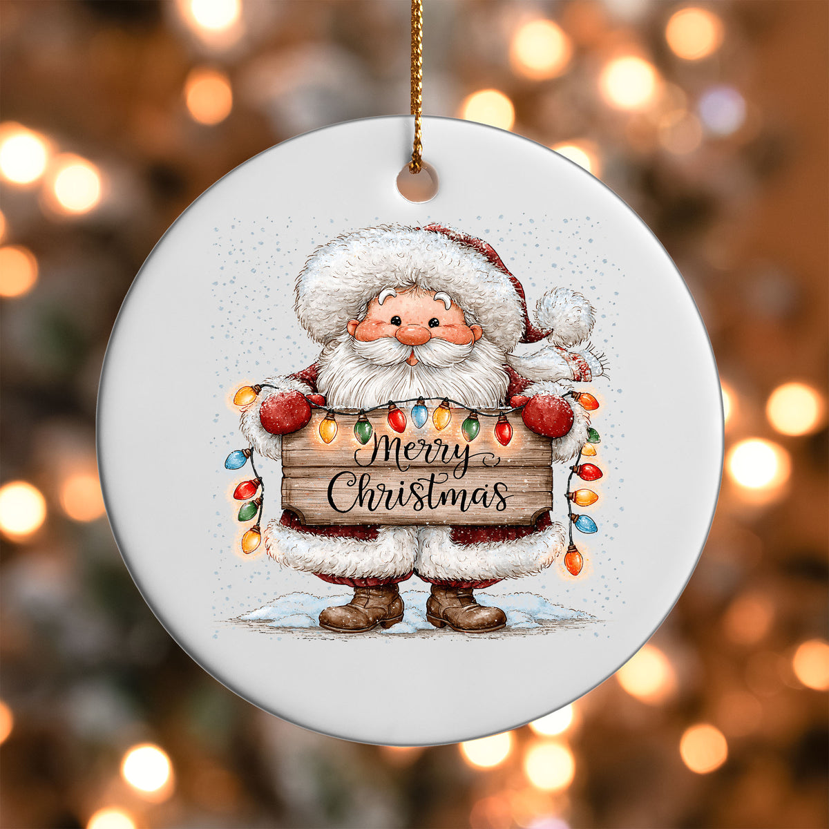 Merry Christmas Santa ornament UV DTF transfer on a round white ornament with a bokeh light background