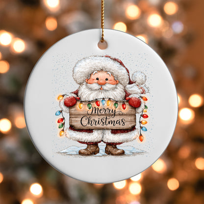 Merry Christmas Santa ornament UV DTF transfer on a round white ornament with a bokeh light background