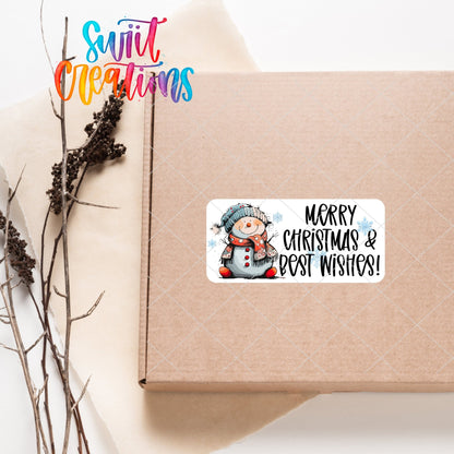 Merry Christmas Snowman Best Wishes sticker on a kraft shipping box