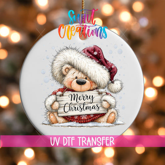 Merry Christmas Teddy Bear Ornament UV DTF Transfer | Cozy Bear with Rustic Holiday Sign | O-2162 - Swiit Creations