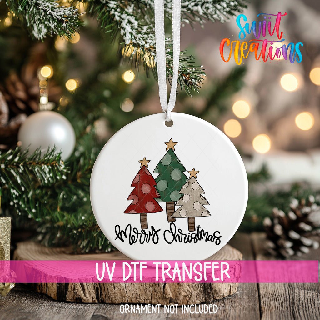Merry Christmas UV DTF Ornament Transfer | Rustic Tree Trio Transfer | O-1742 - Swiit Creations