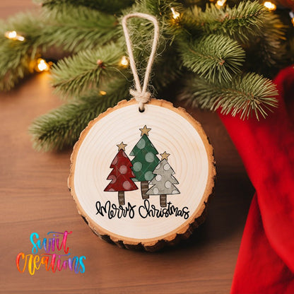 Rustic Tree Trio Merry Christmas UV DTF transfer on a wood slice ornament with pine branches and a red stocking