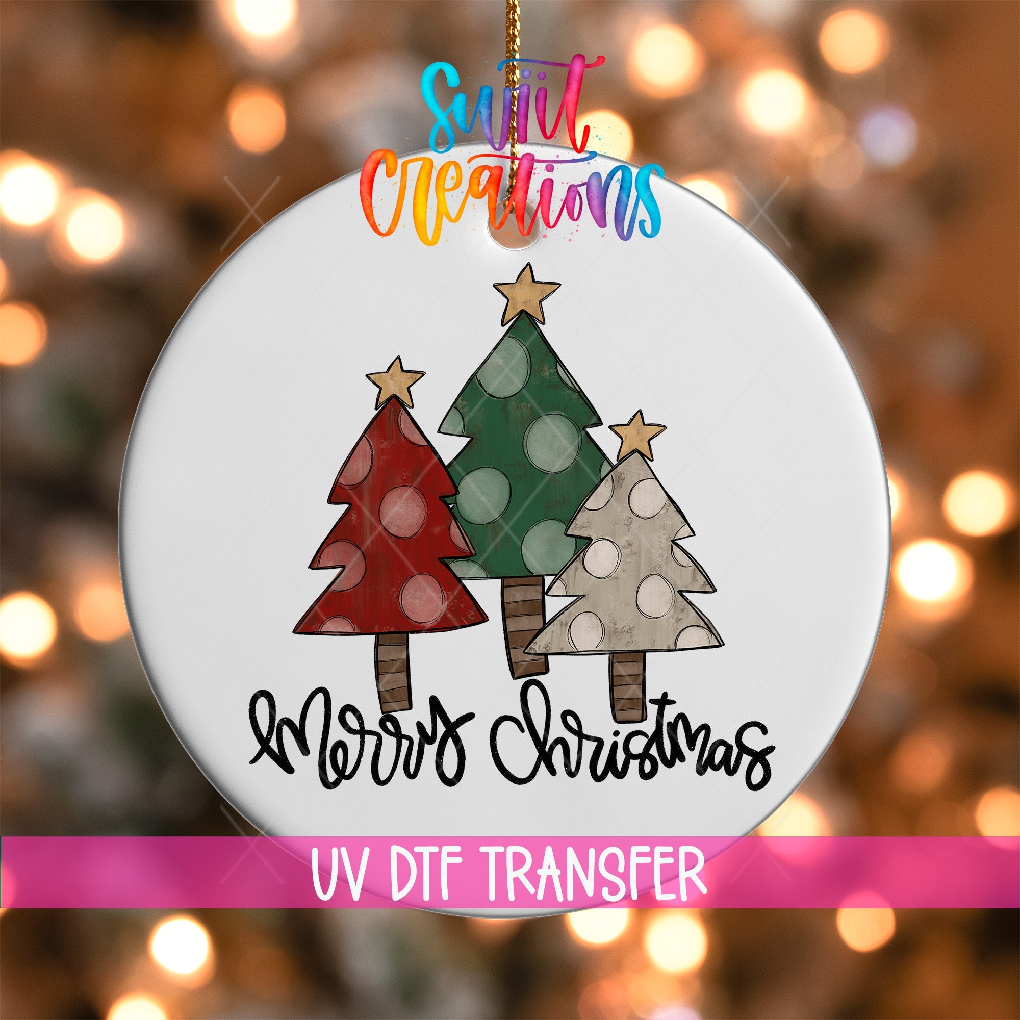 Merry Christmas UV DTF Ornament Transfer | Rustic Tree Trio Transfer | O-1742 - Swiit Creations