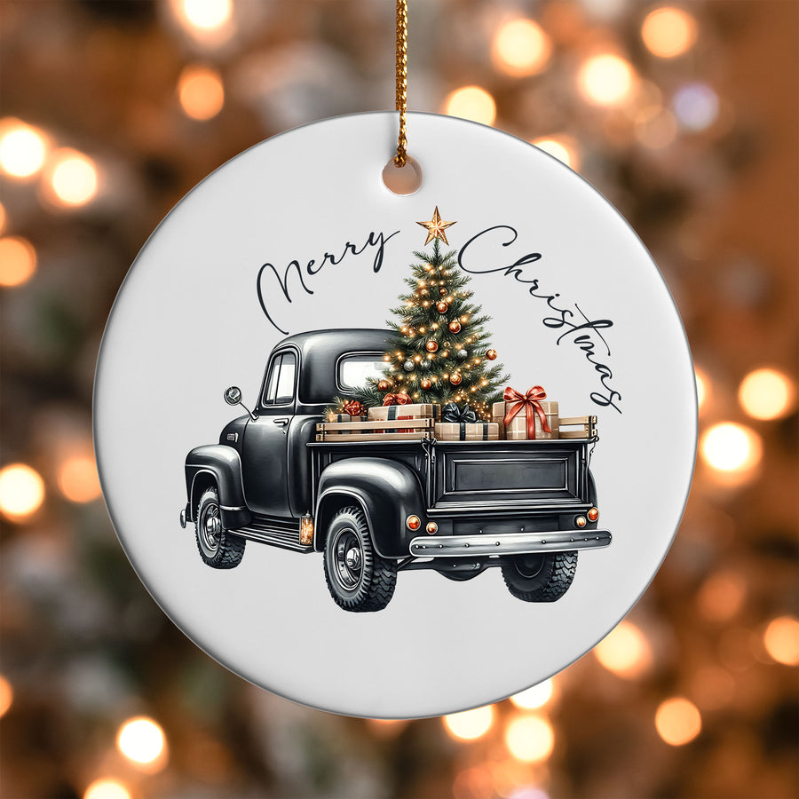 Merry Christmas Vintage Truck Ornament UV DTF Transfer | Black Truck with Tree | O-1320