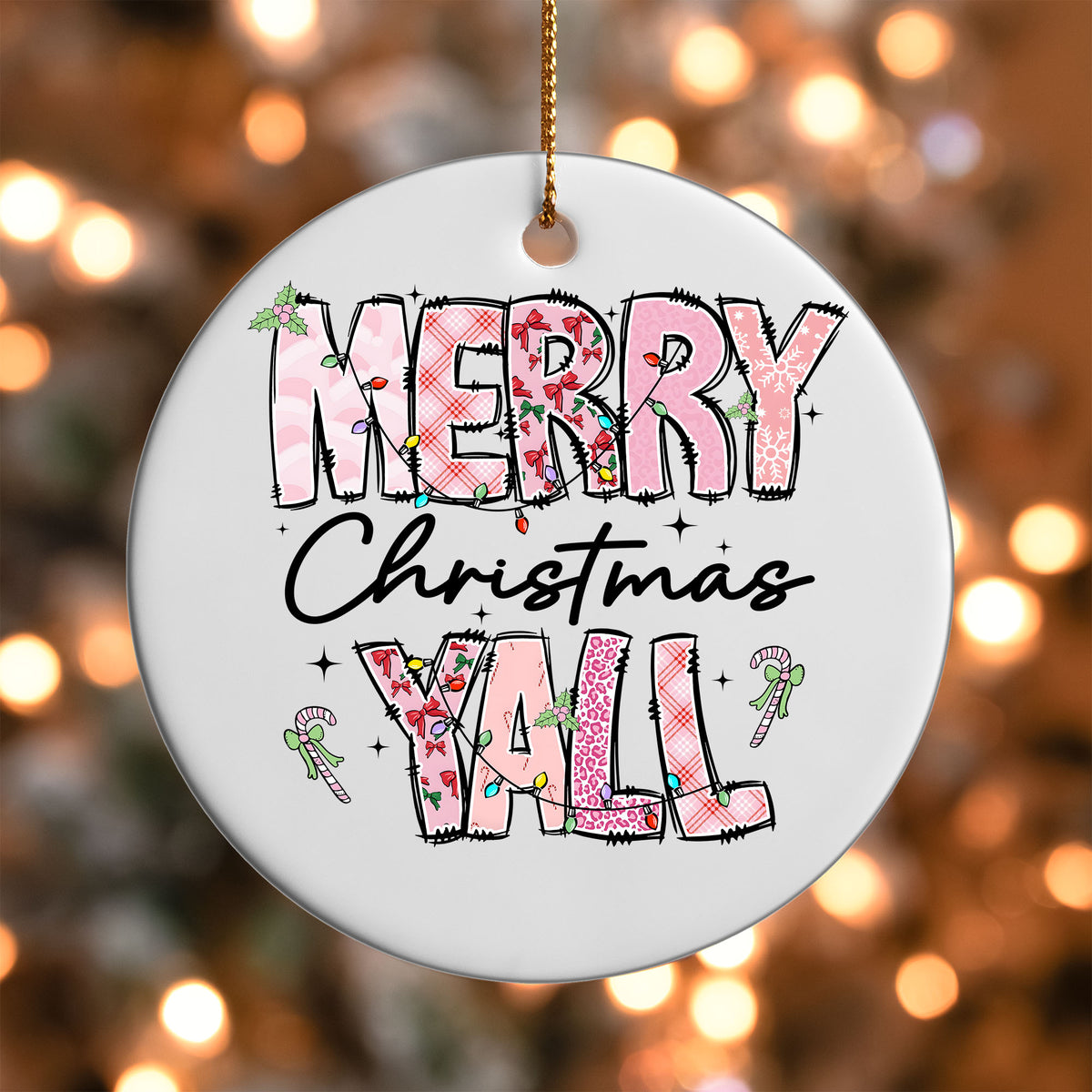 Merry Christmas Y'all ornament UV DTF transfer on a round white ornament with a bokeh light background