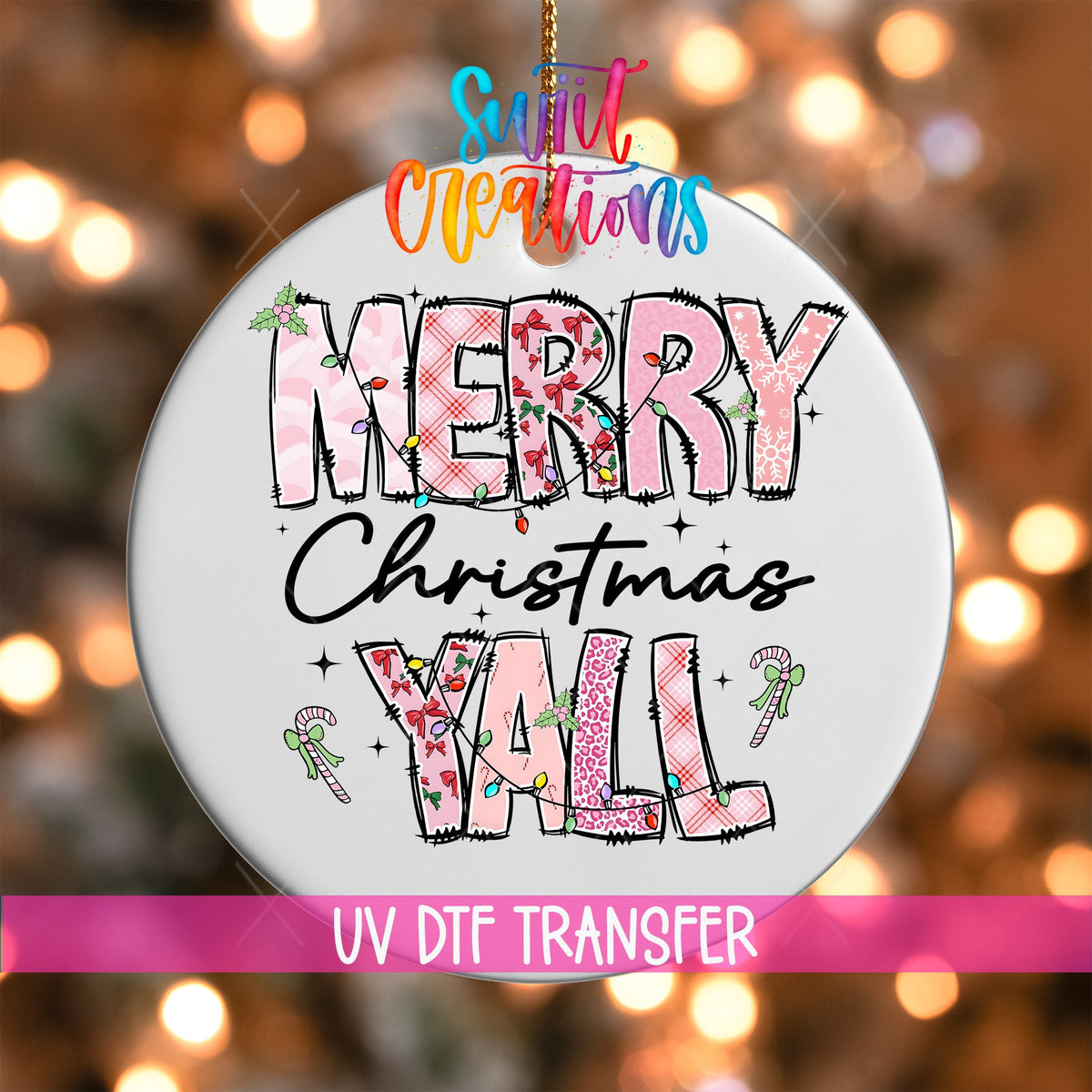 Merry Christmas Yall Christmas UV DTF Ornament Transfer | Holiday Ornament Transfer | O-1207 - Swiit Creations