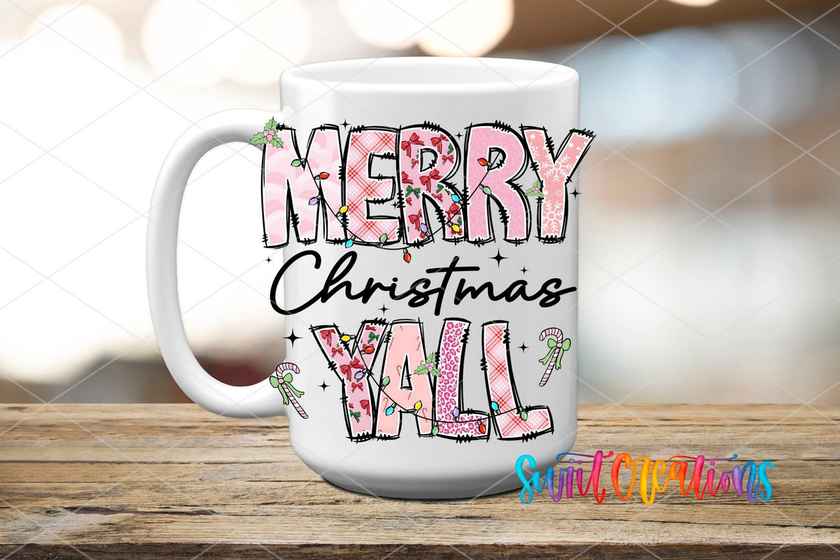 Merry Christmas Y'all UV DTF transfer on a white ceramic coffee mug