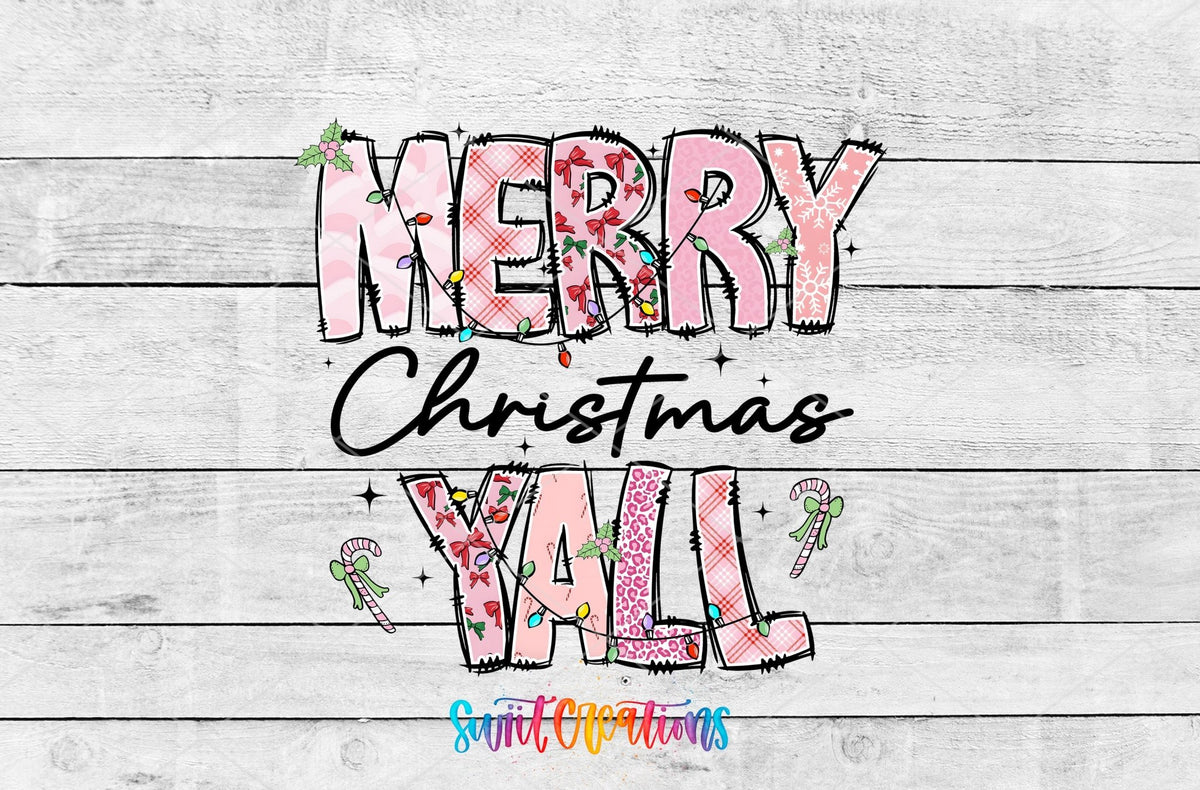 Merry Christmas Y'all UV DTF transfer artwork on a white wood background