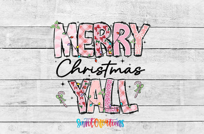 Merry Christmas Y'all UV DTF transfer artwork on a white wood background