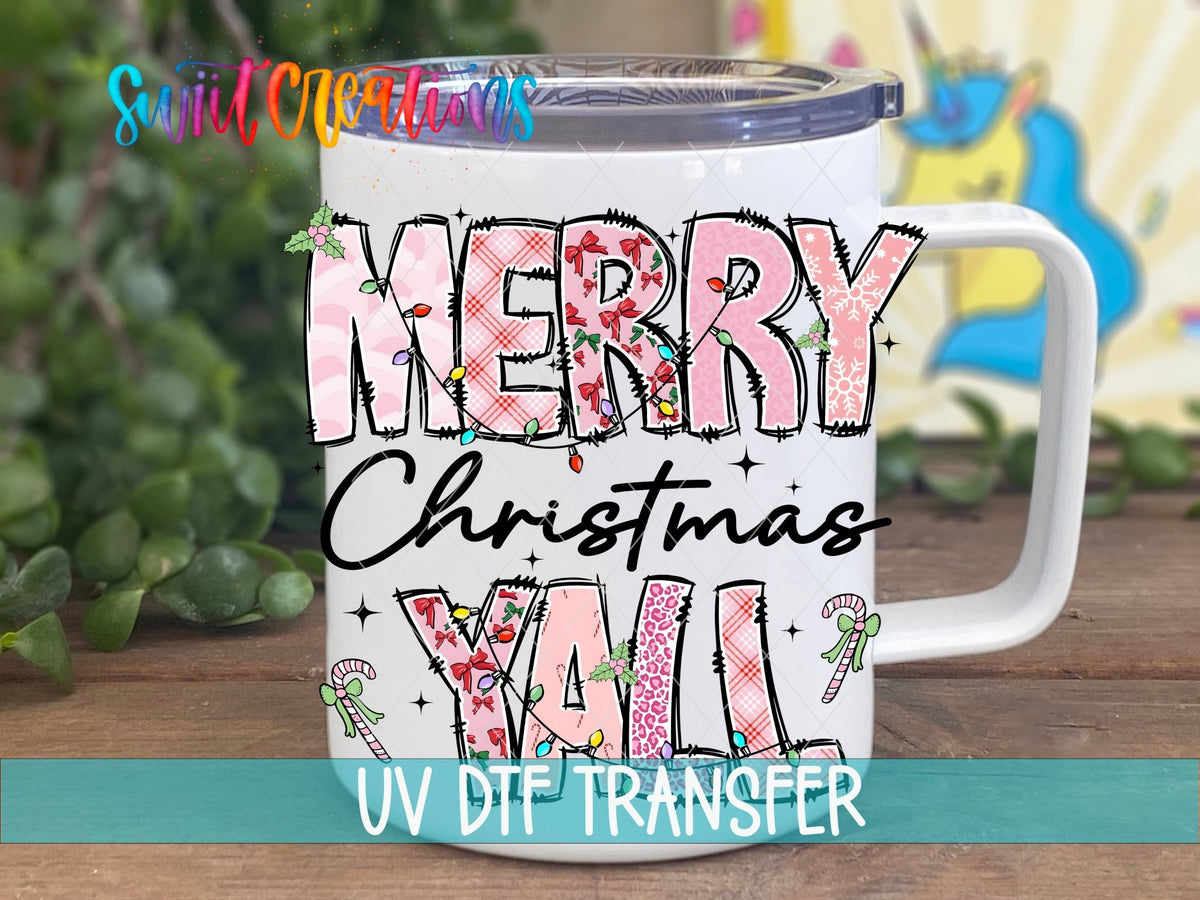 Merry Christmas Y'all UV DTF transfer on a white stainless steel mug with a lid