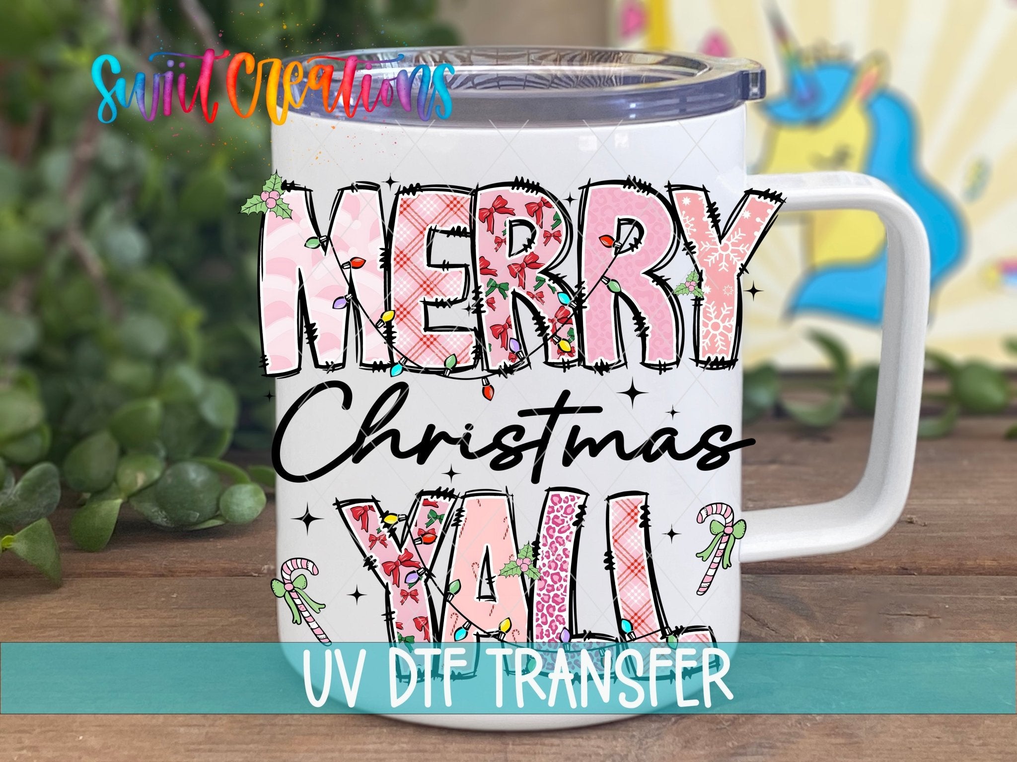 Swiit Creations UV DTF Merry Christmas Y’all Patchwork transfer displayed on a white coffee mug