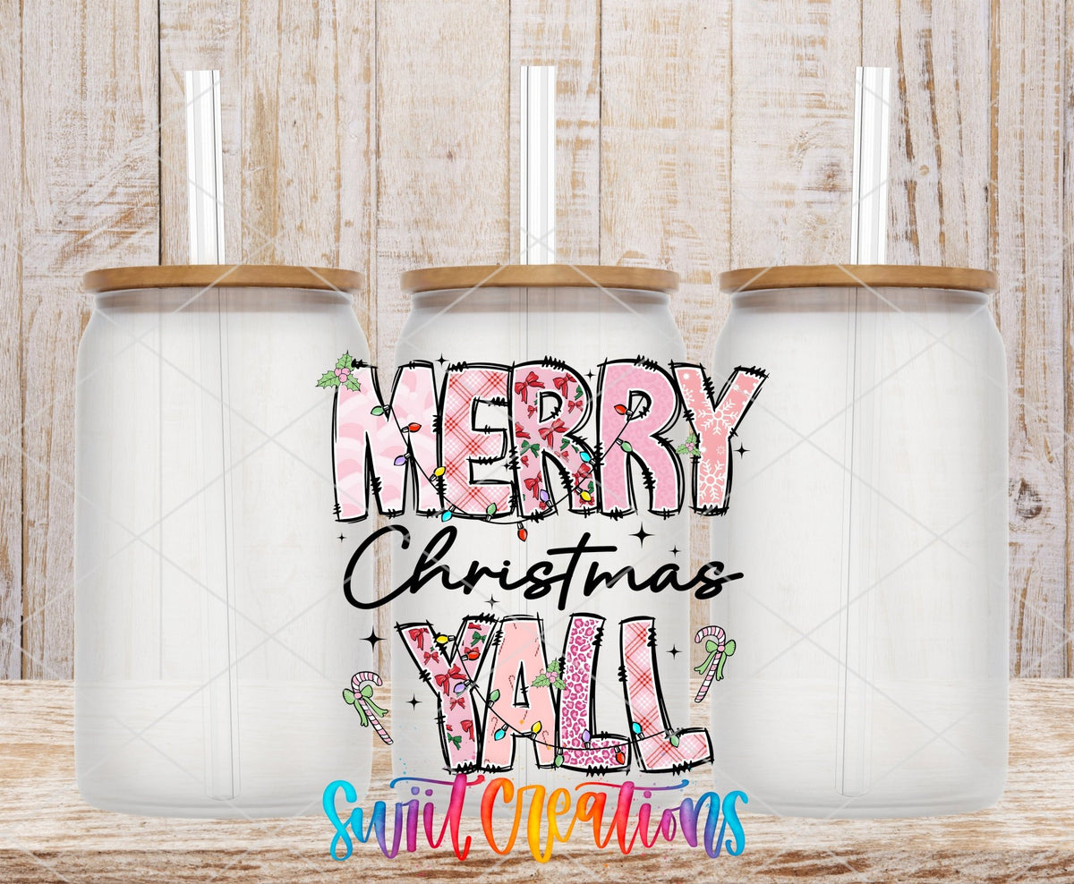Merry Christmas Y'all UV DTF transfer on frosted glass cans with bamboo lids