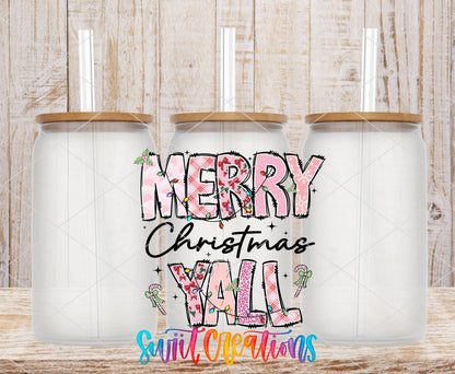Merry Christmas Y'all UV DTF transfer on frosted glass cans with bamboo lids
