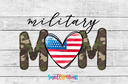 Military Mom UV DTF wrap artwork on a white wood background