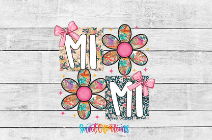 Mimi patchwork daisy UV DTF transfer artwork on a white wood background