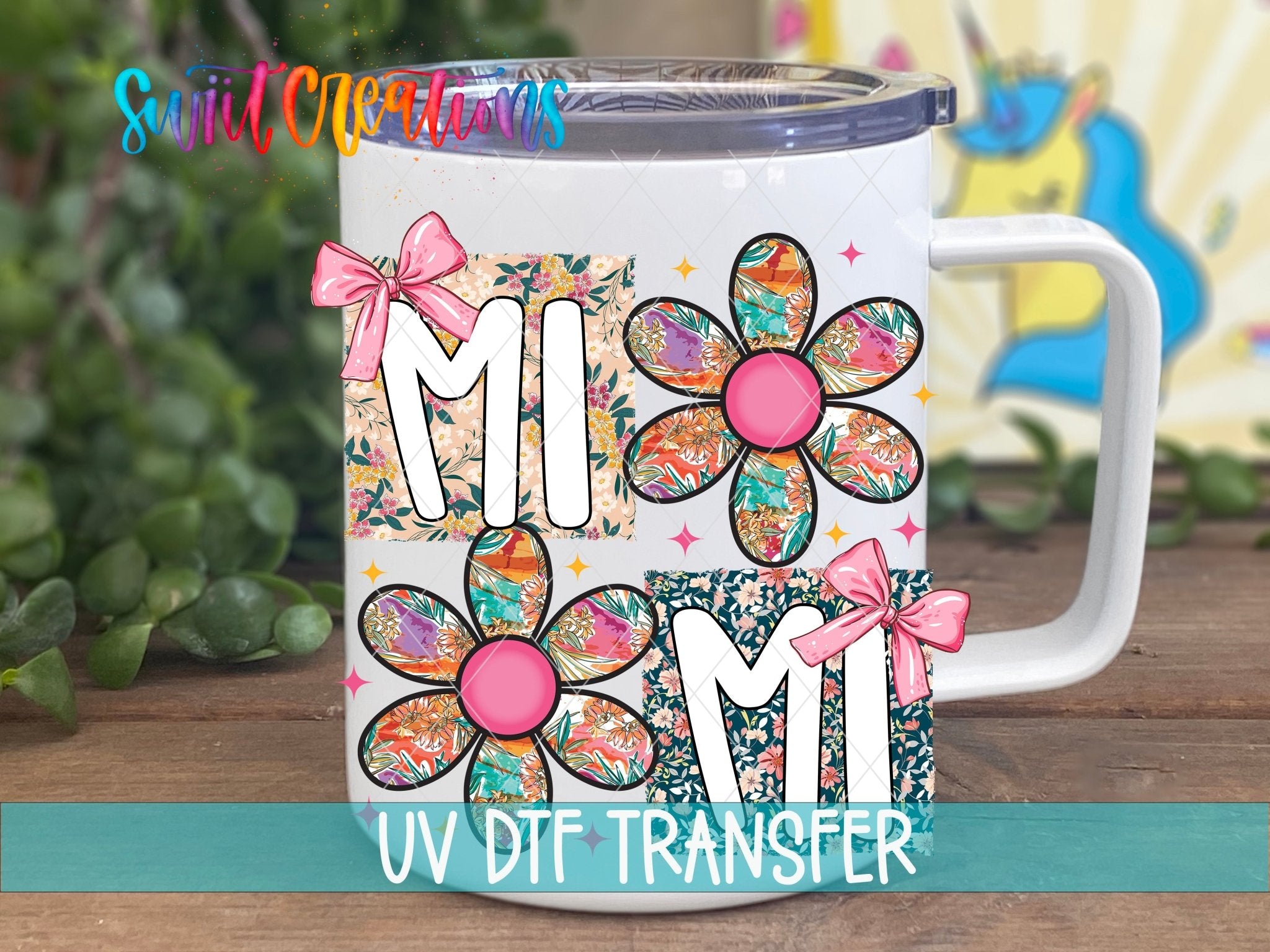Mimi Floral Patchwork Daisy UV DTF transfer displayed on a white coffee mug from Swiit Creations