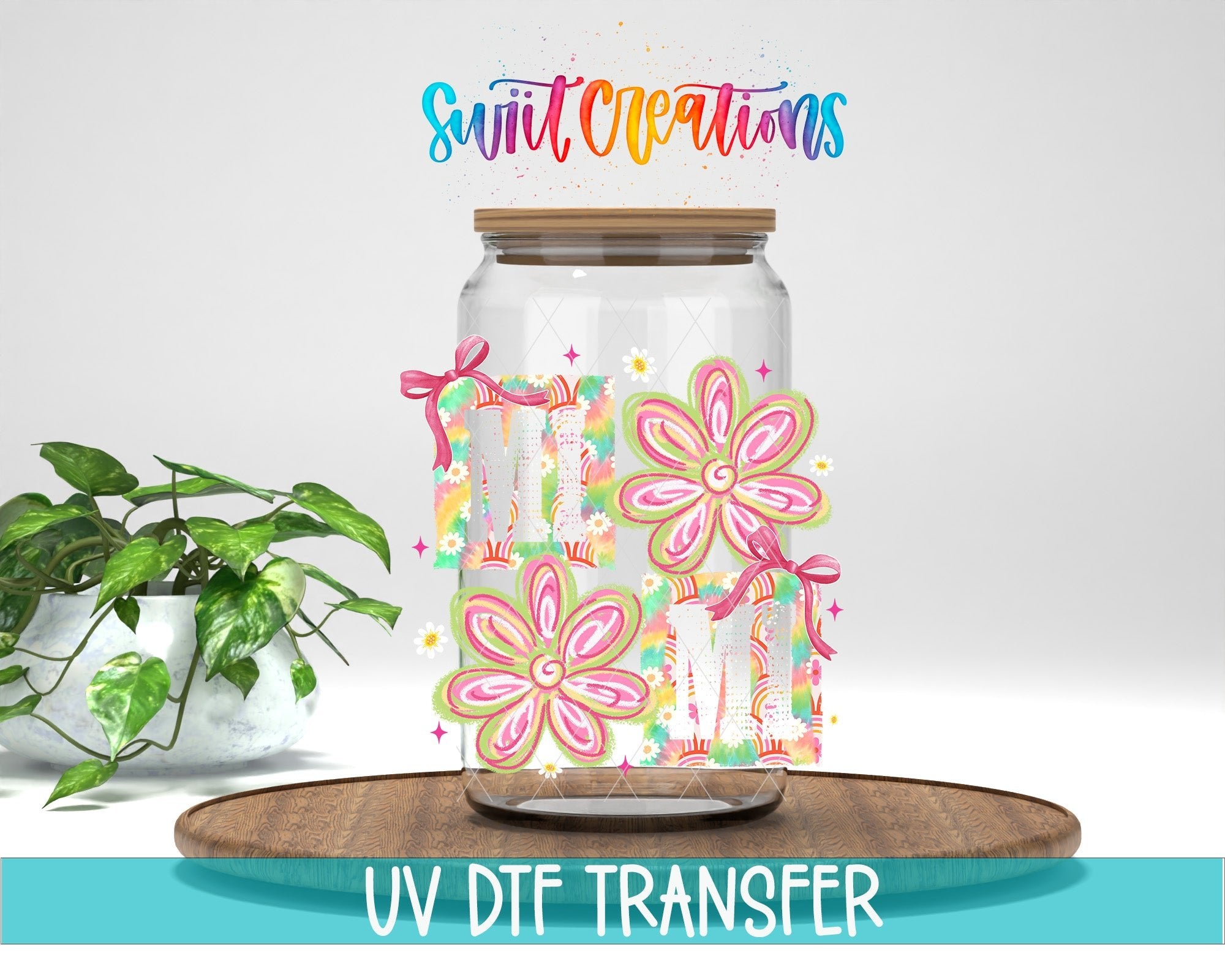 Mimi Tie Dye Flowers UV DTF transfer displayed on a clear jar mockup from Swiit Creations