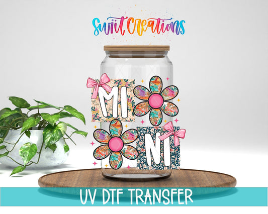 Mini Floral Patchwork Daisy UV DTF transfer displayed on a clear jar mockup from Swiit Creations