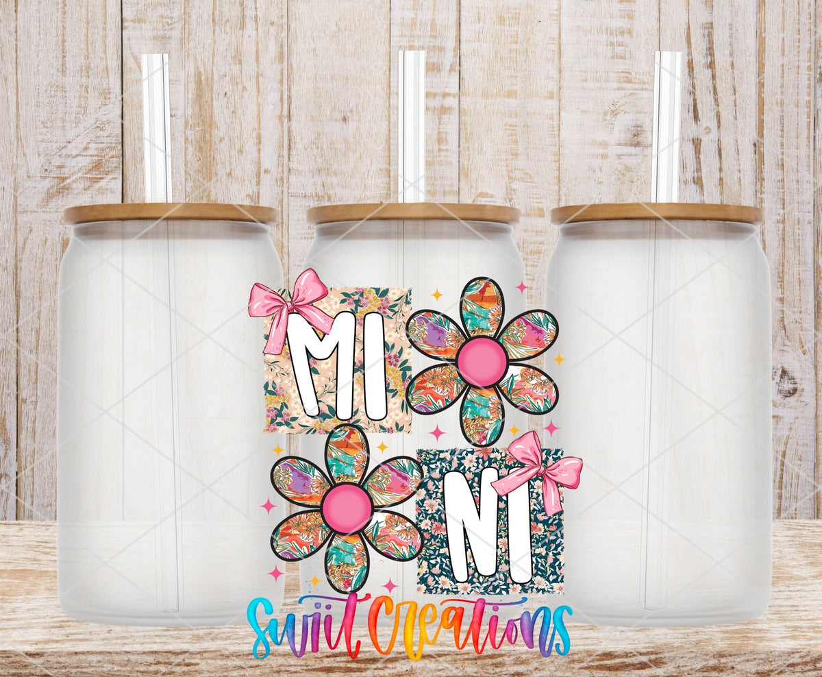 Mini patchwork daisy UV DTF transfer on frosted glass cans with bamboo lids