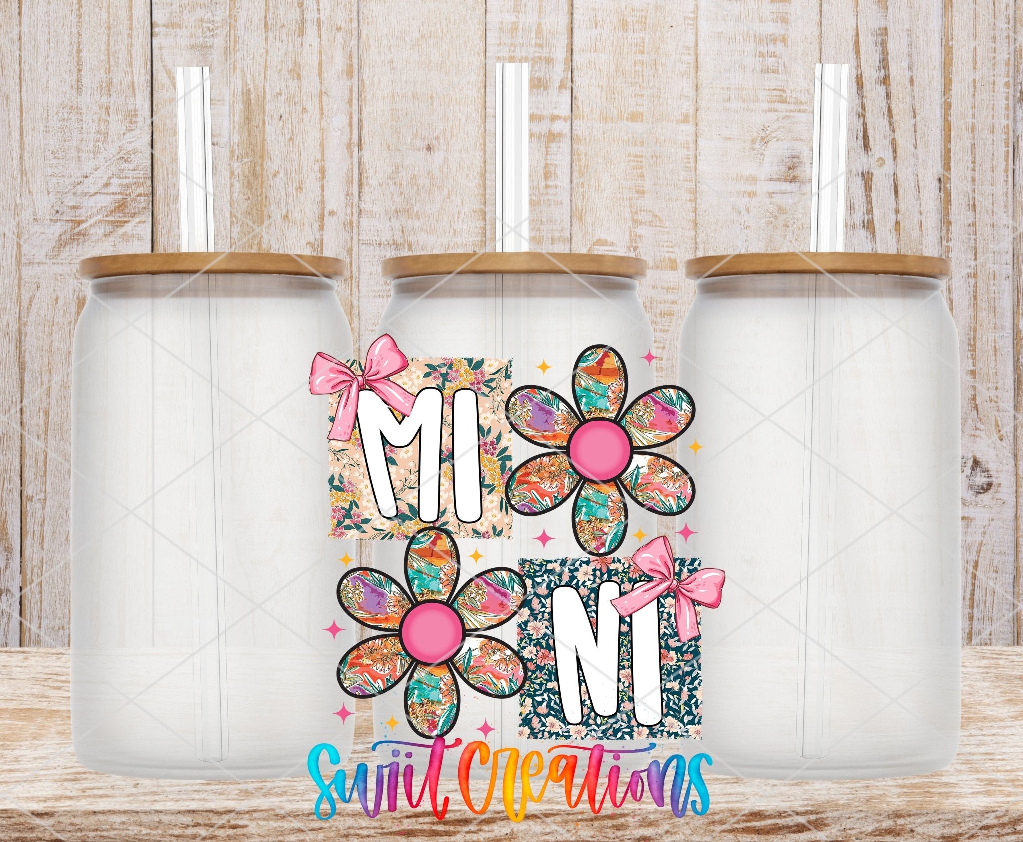 Mini Floral Patchwork Daisy UV DTF transfer applied to a clear glass can set from Swiit Creations
