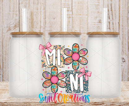 Mini patchwork daisy UV DTF transfer on frosted glass cans with bamboo lids