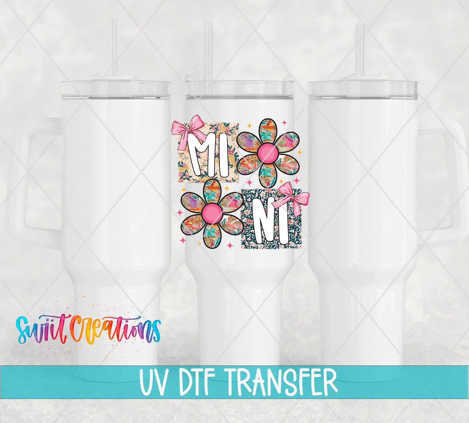 Mini Floral Patchwork Daisy UV DTF transfer applied to a white tumbler set from Swiit Creations