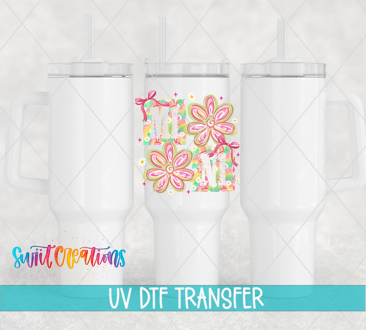 Mini Tie Dye Flowers UV DTF transfer applied to a white tumbler set from Swiit Creations
