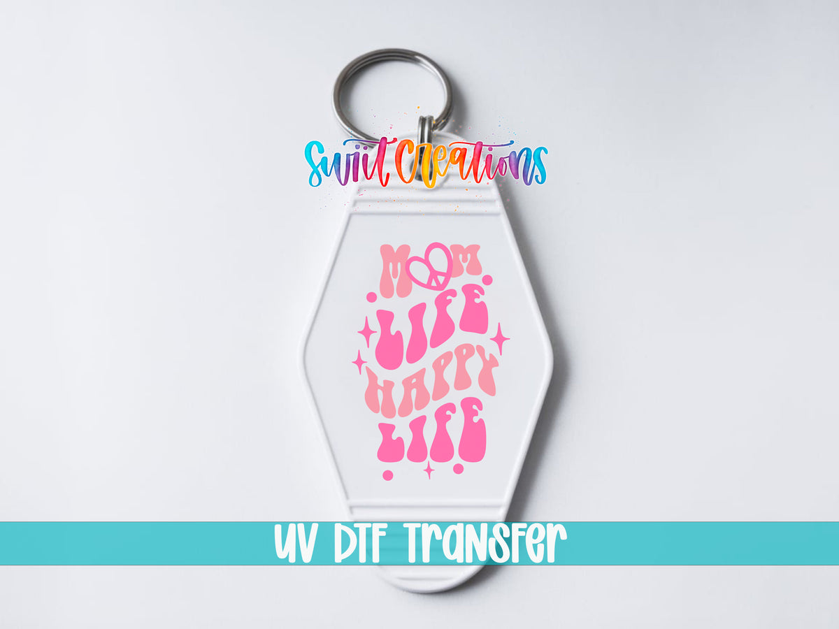 Mom Life Happy Life motel keychain UV DTF transfer close-up mockup by Swiit Creations