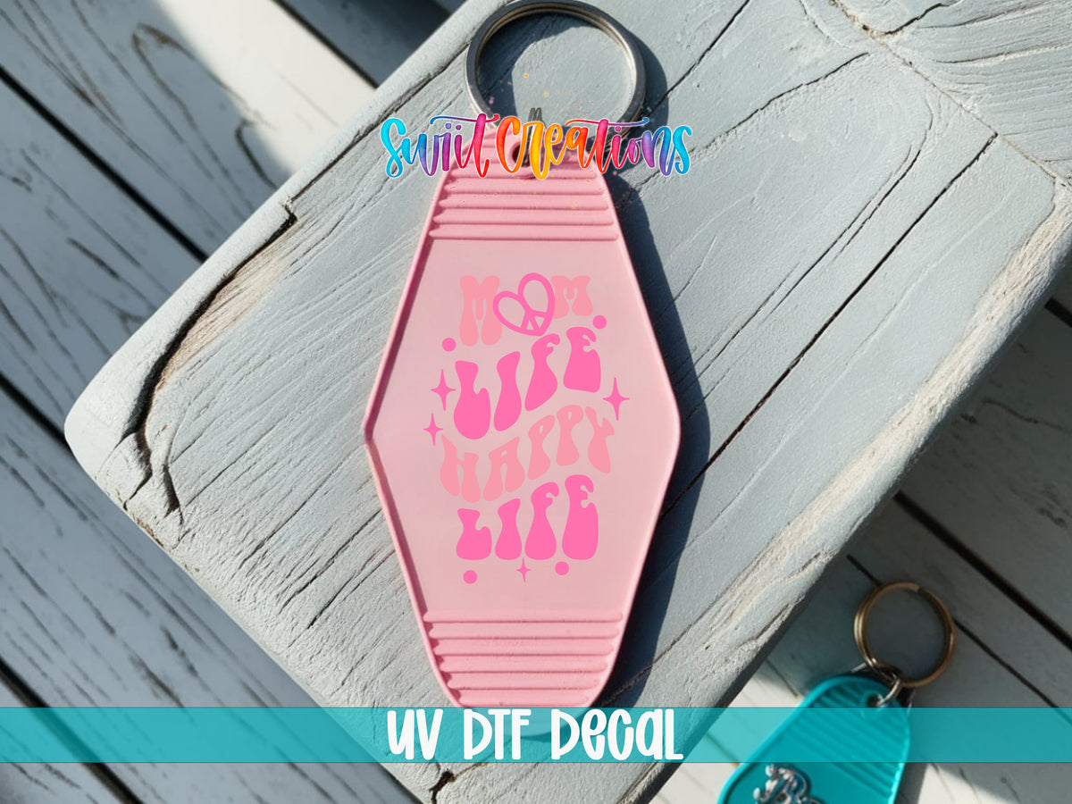 Mom Life Happy Life motel keychain UV DTF transfer colored keychain mockup by Swiit Creations