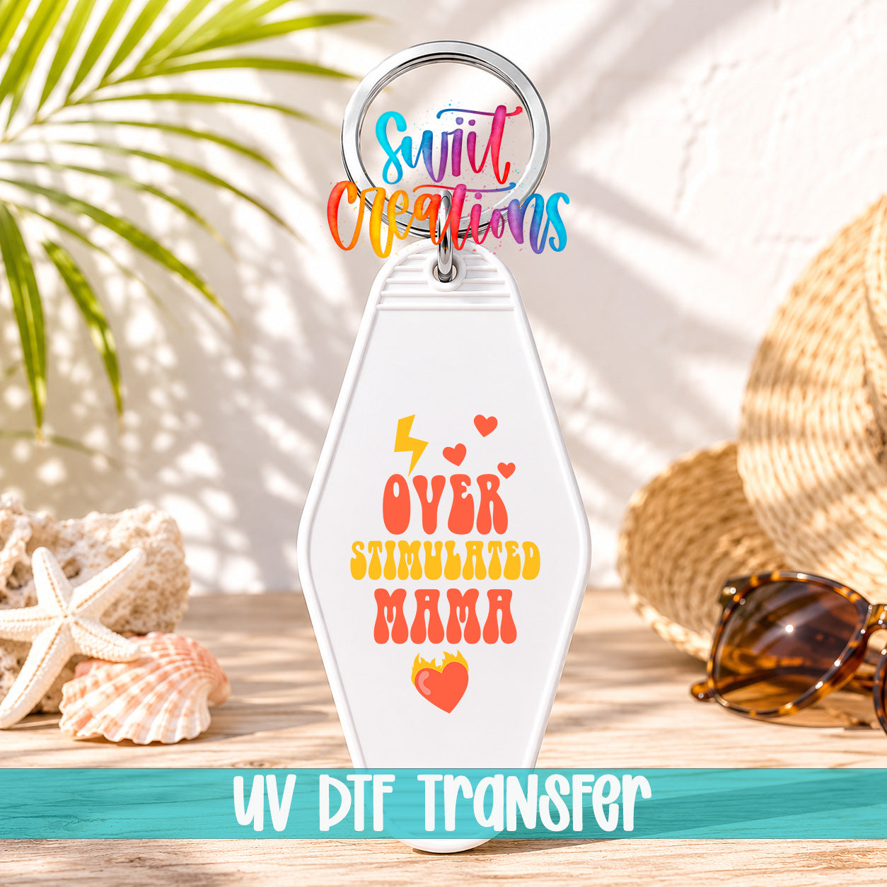 Overstimulated Mama motel keychain UV DTF transfer display mockup by Swiit Creations